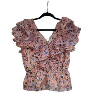 ENTRO Floral‎ Ruffle Frilly Plunge Neck Top S